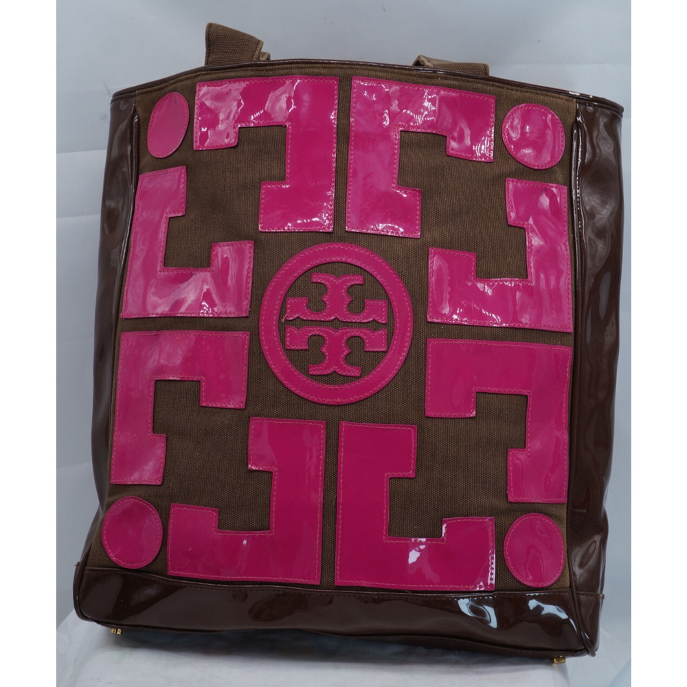 TORY BURCH TALL CANVAS & PATENT PINK & BROWN TOTE - Picture 3 of 9